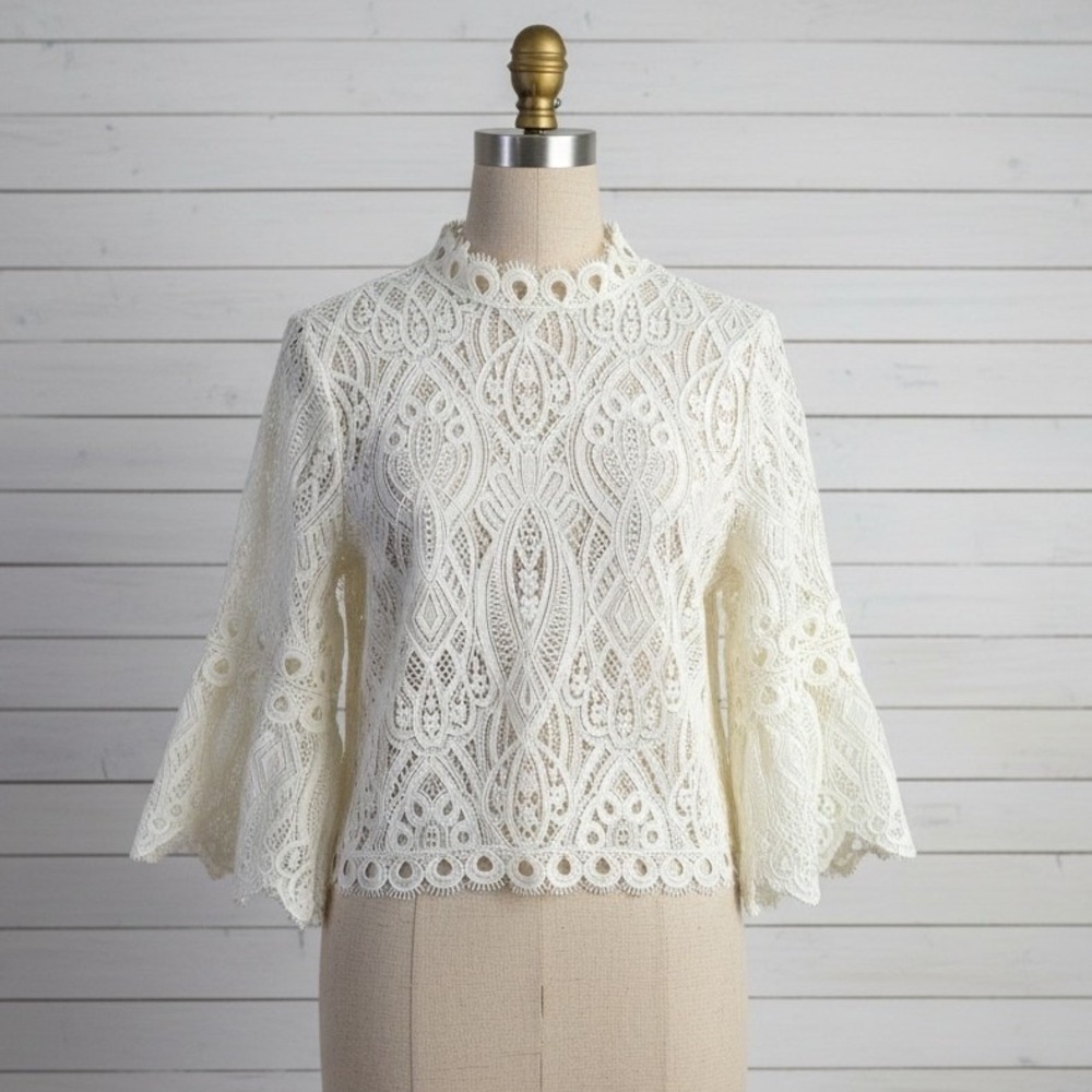 Boho Cottagecore Lace Bell Sleeve Top Rain XL White Cotton Blend Victorian